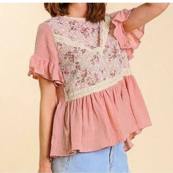 Umgee Pink Gauzy Floral Eyelet Boho Crochet Lace Peplum Blouse Size Medium - Picture 1 of 14
